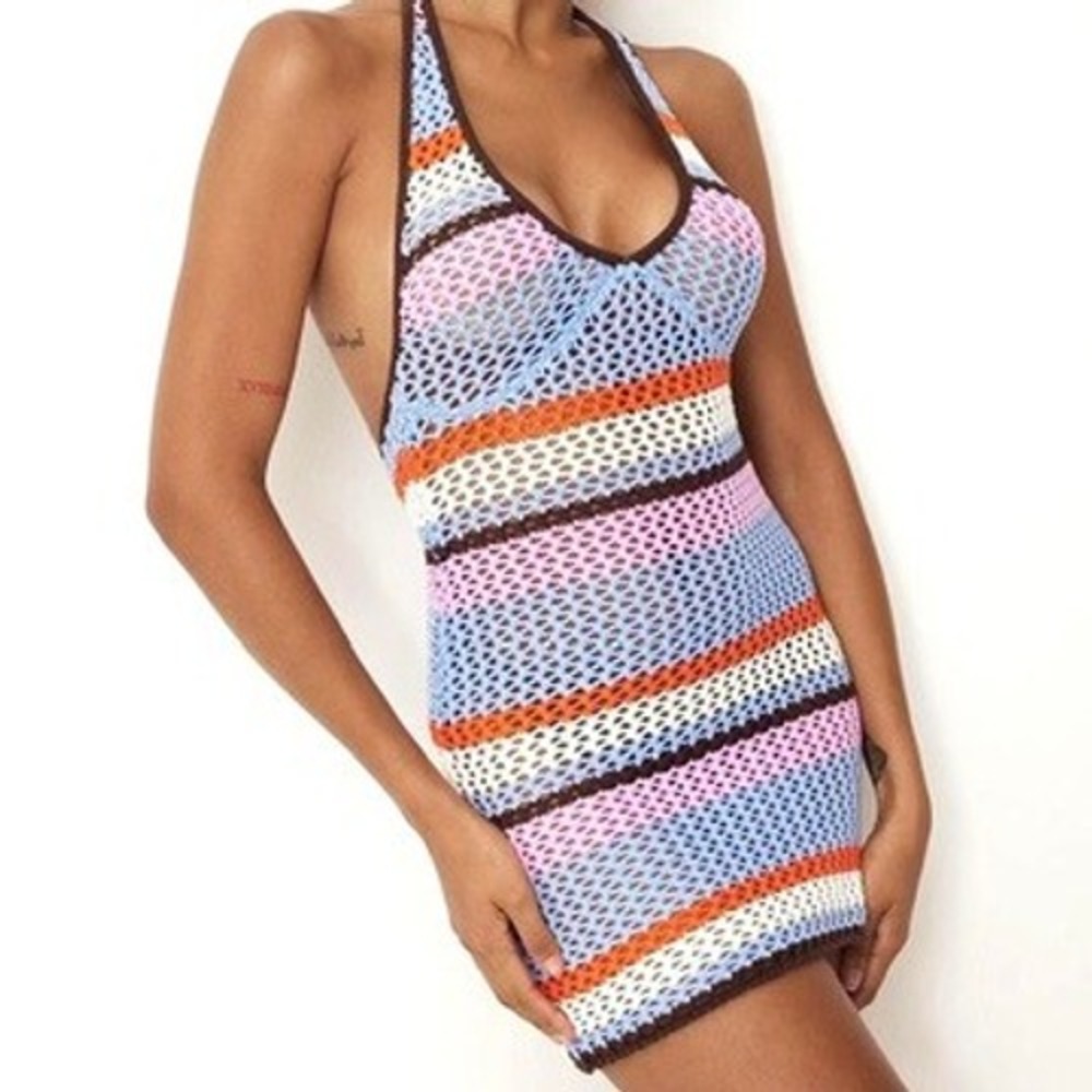 Romee Strijd x NA-KD Striped Crochet Halter Mini Dress Blue Pink‎ Brown L